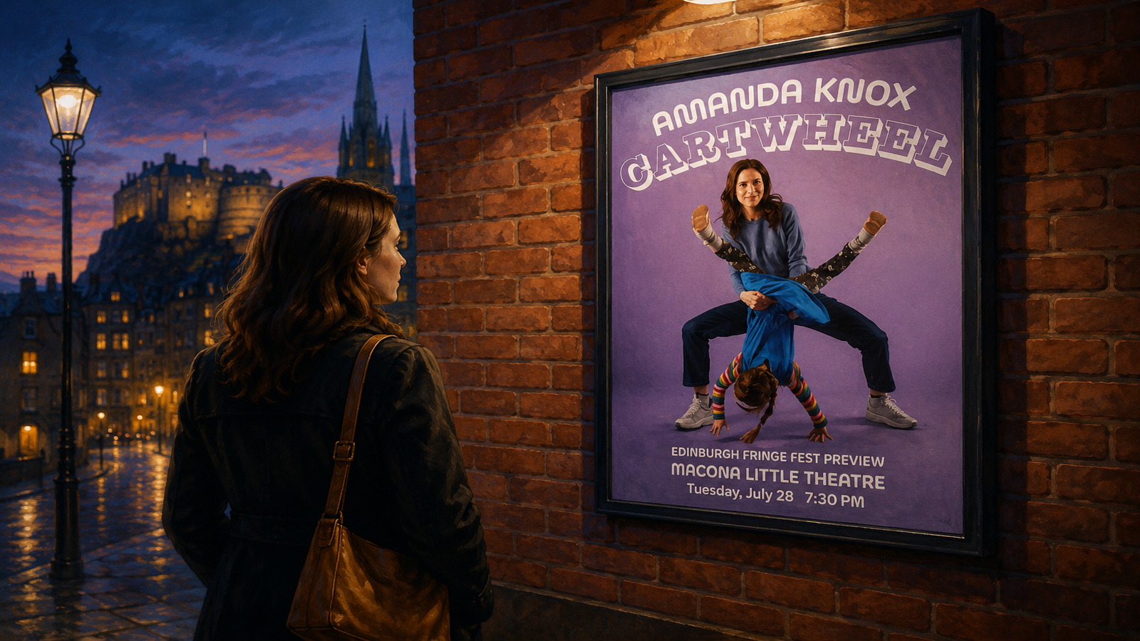 Amanda Knox osserva il manifesto del suo spettacolo Cartwheel a Edimburgo