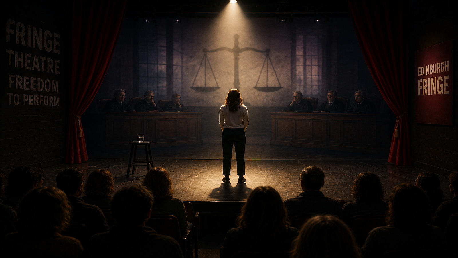Un teatro del Fringe trasformato simbolicamente in un’aula giudiziaria